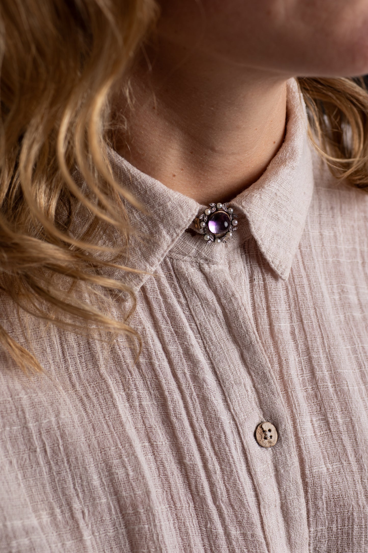 Antique Cabochon Amethyst, Rose Cut Diamond and Seed Pearl Brooch — view 2