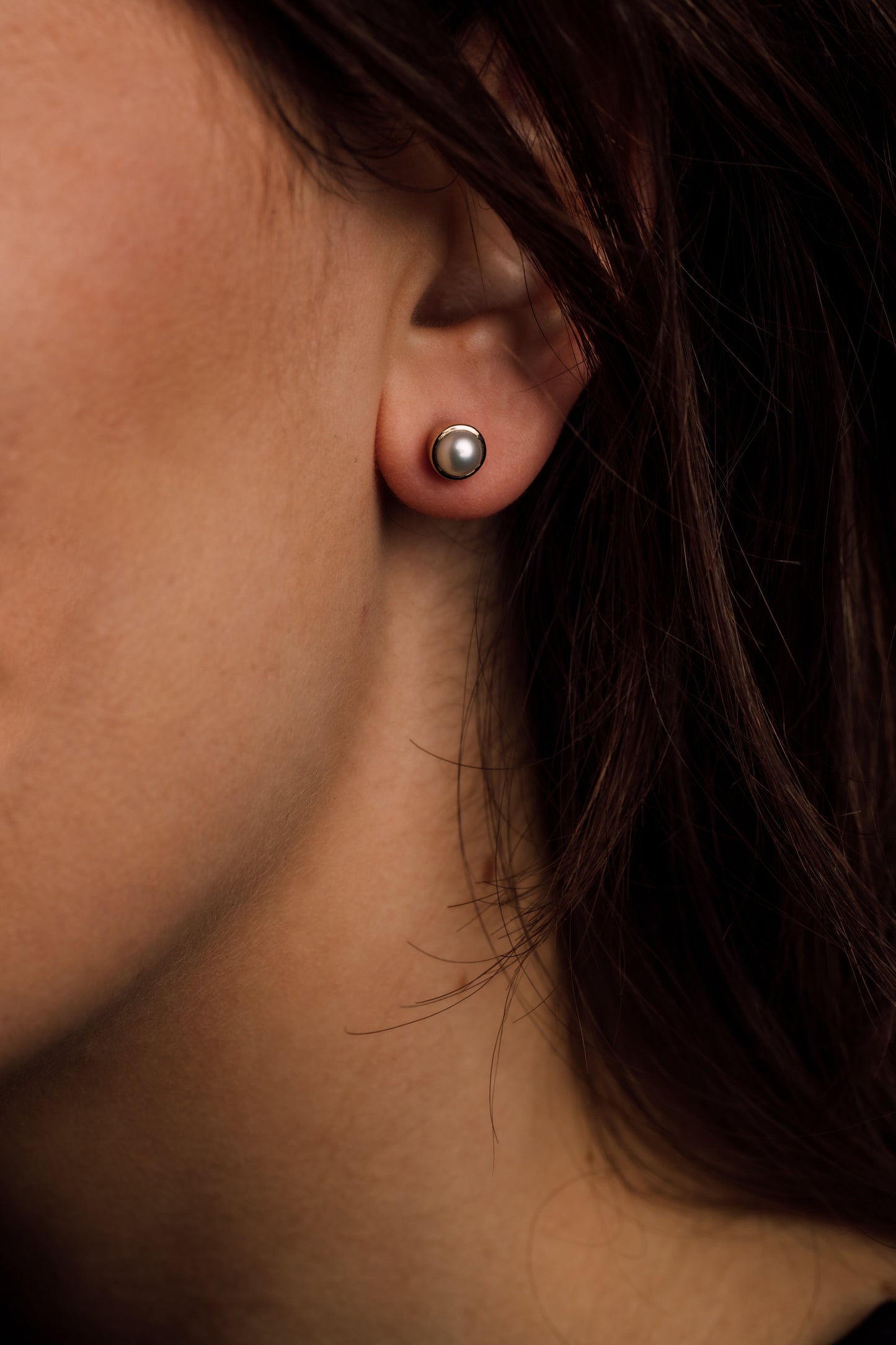 Yellow Gold Pearl Stud Earrings — view 6