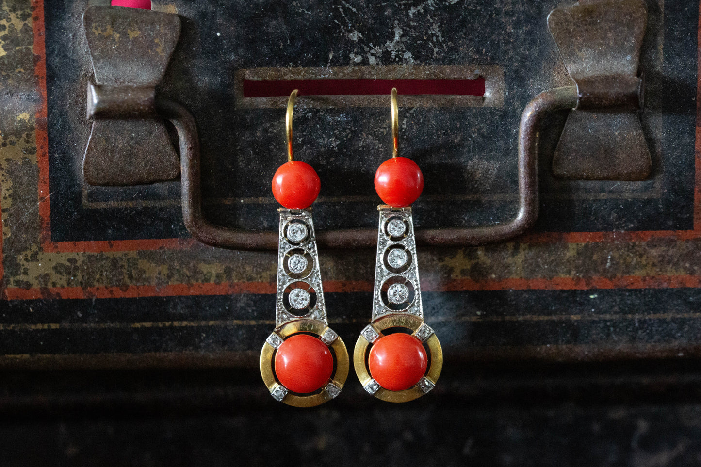 Vintage Coral and Diamond Drop Earrings