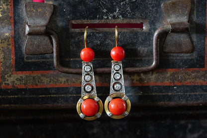 Vintage Coral and Diamond Drop Earrings