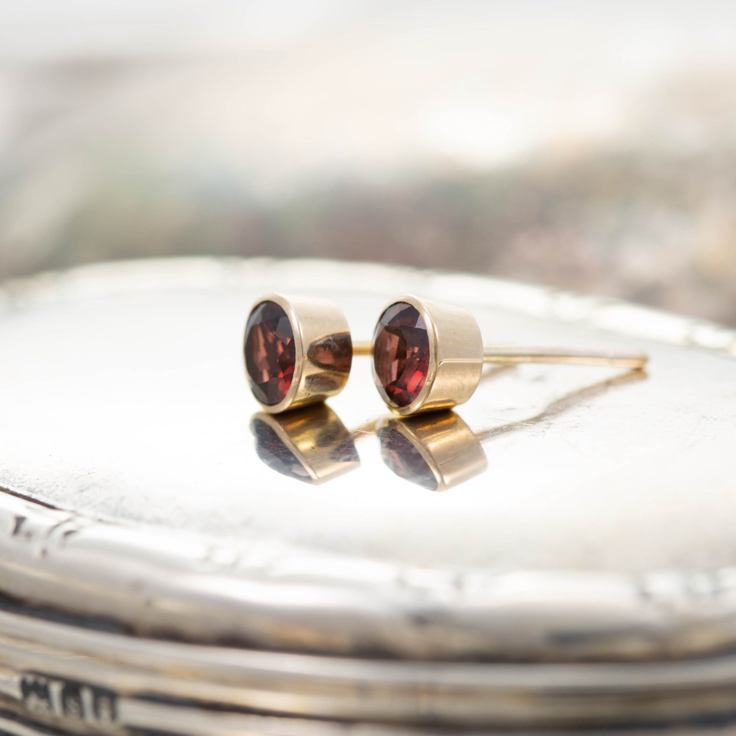 Yellow Gold Garnet Stud Earrings — view 3