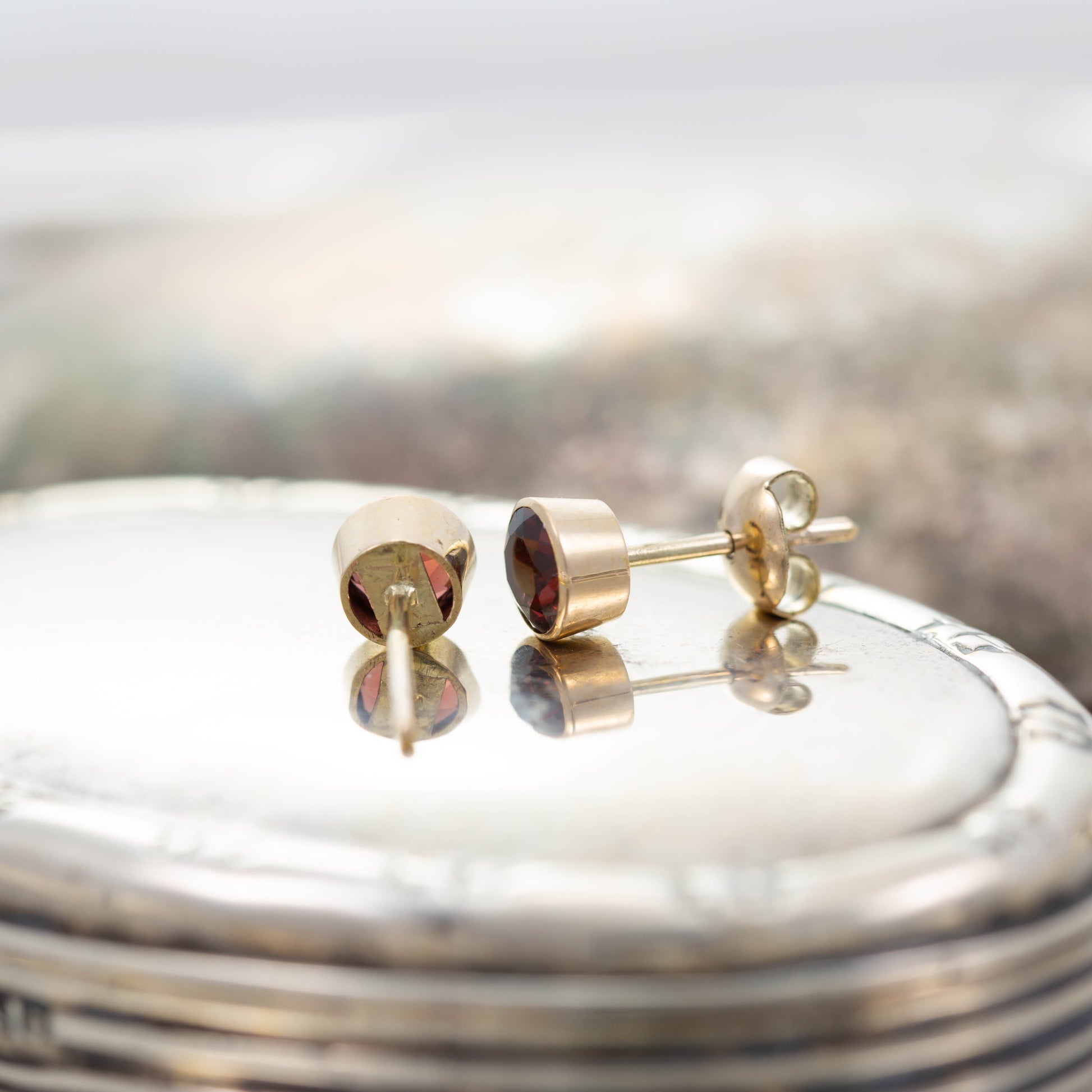 Yellow Gold Garnet Stud Earrings — view 5