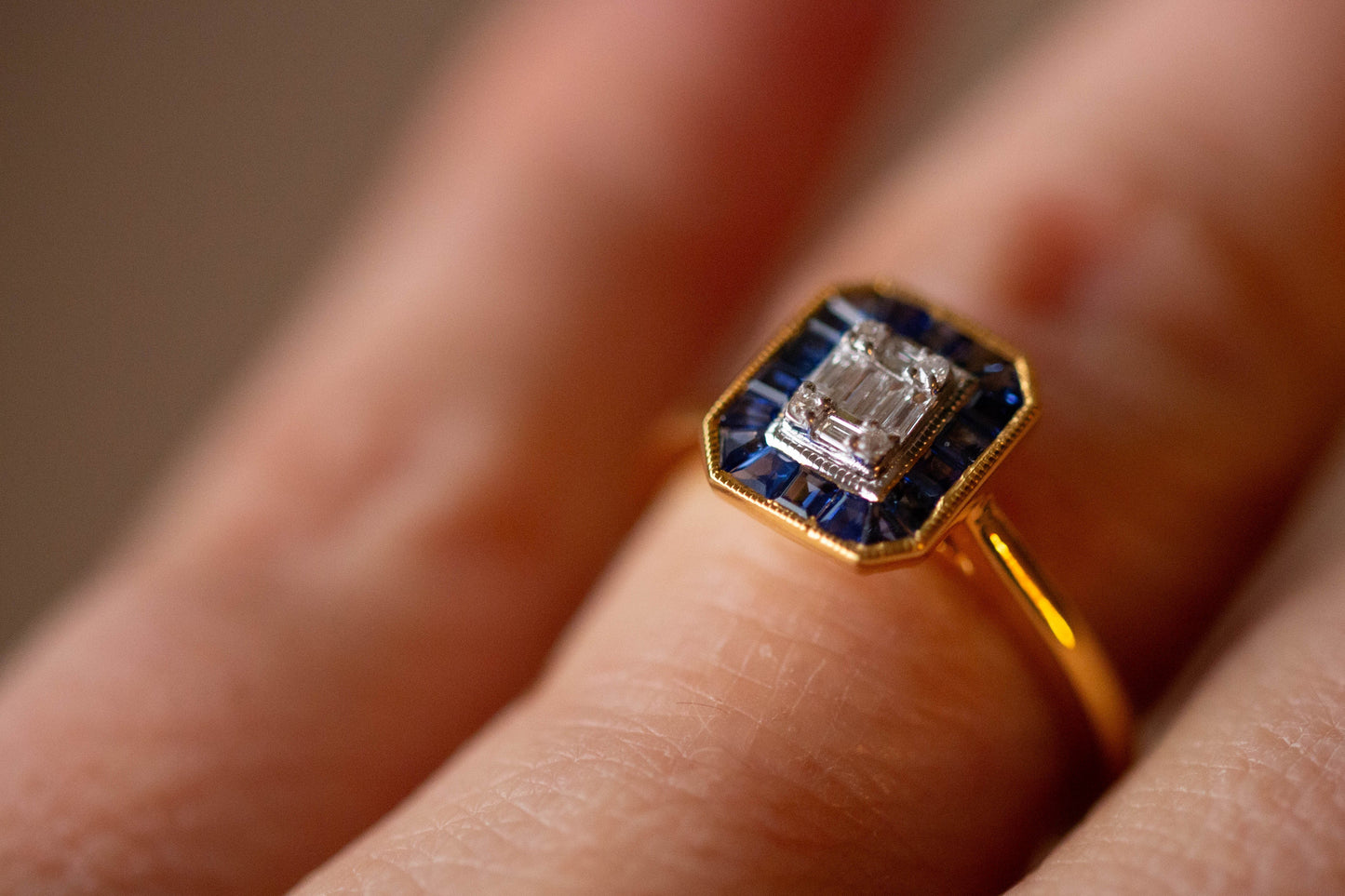 Art Deco Style Sapphire and Diamond Cluster Ring — view 4