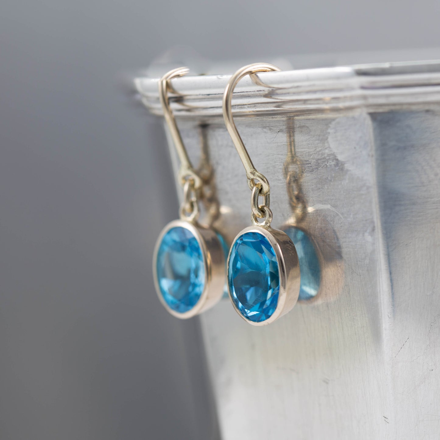 Yellow Gold Blue Topaz Shepherds Hook Earrings — view 3