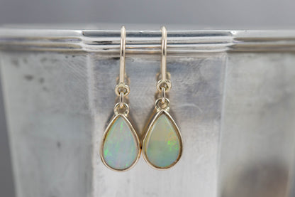 Yellow Gold Solid Opal Shepherds Hook Earrings