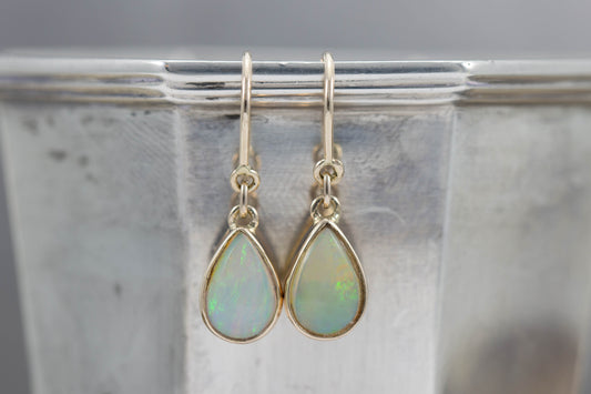 Yellow Gold Solid Opal Shepherds Hook Earrings
