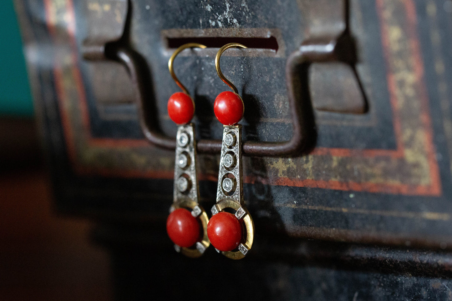 Vintage Coral and Diamond Drop Earrings