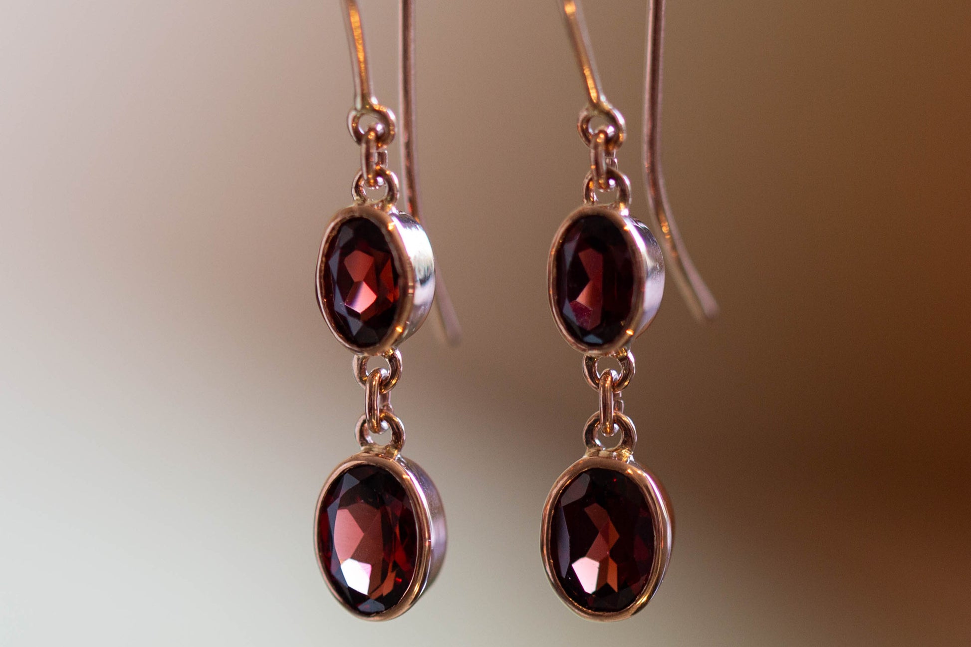 Rose Gold Garnet Shepherds Hook Earrings