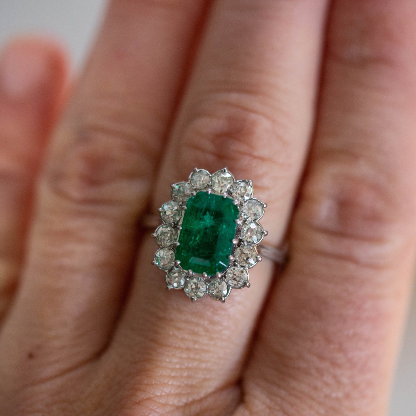 Emerald and Diamond Cluster Ring — view 6