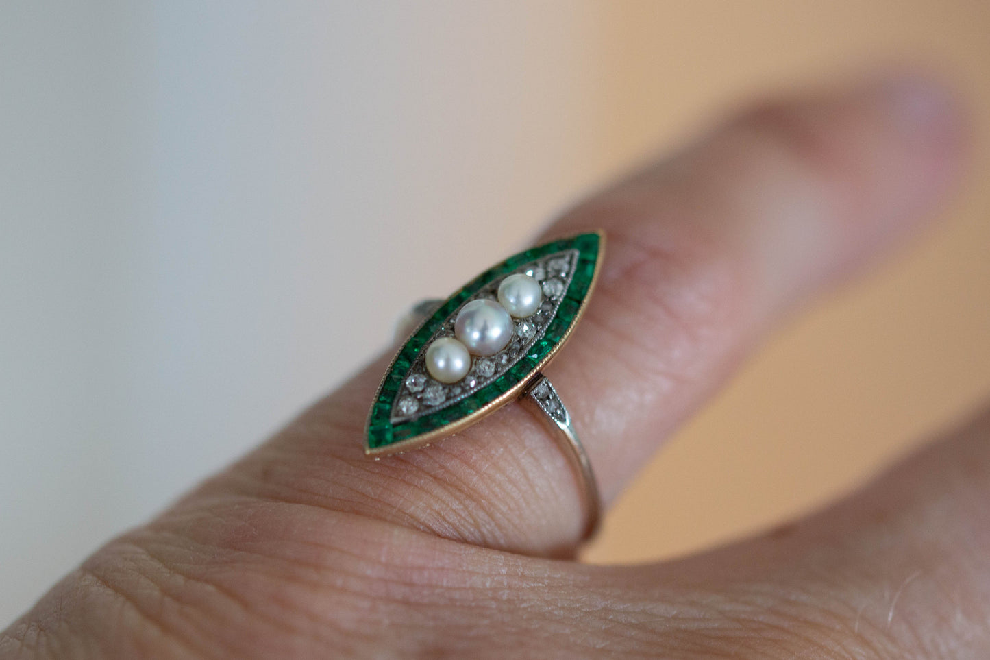 Art Deco Marquise Emerald, Diamond and Pearl Ring