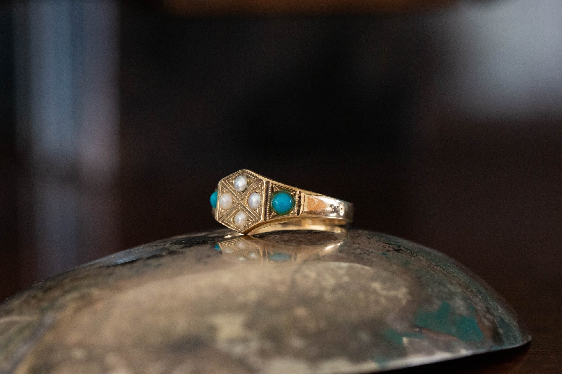 Antique Turquoise and Pearl Ring — view 3
