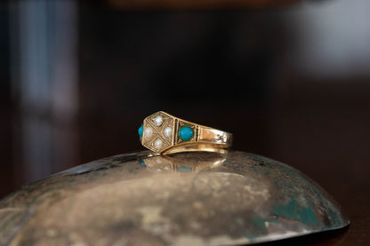 Antique Turquoise and Pearl Ring — view 3