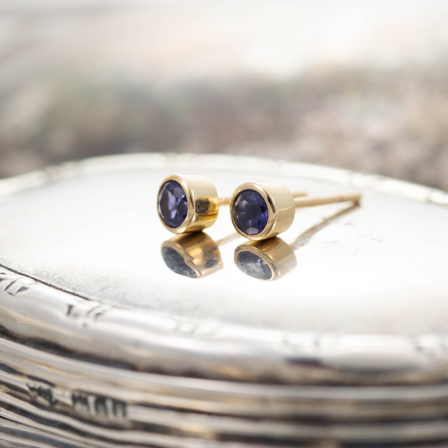 Yellow Gold Iolite Stud Earrings — view 3