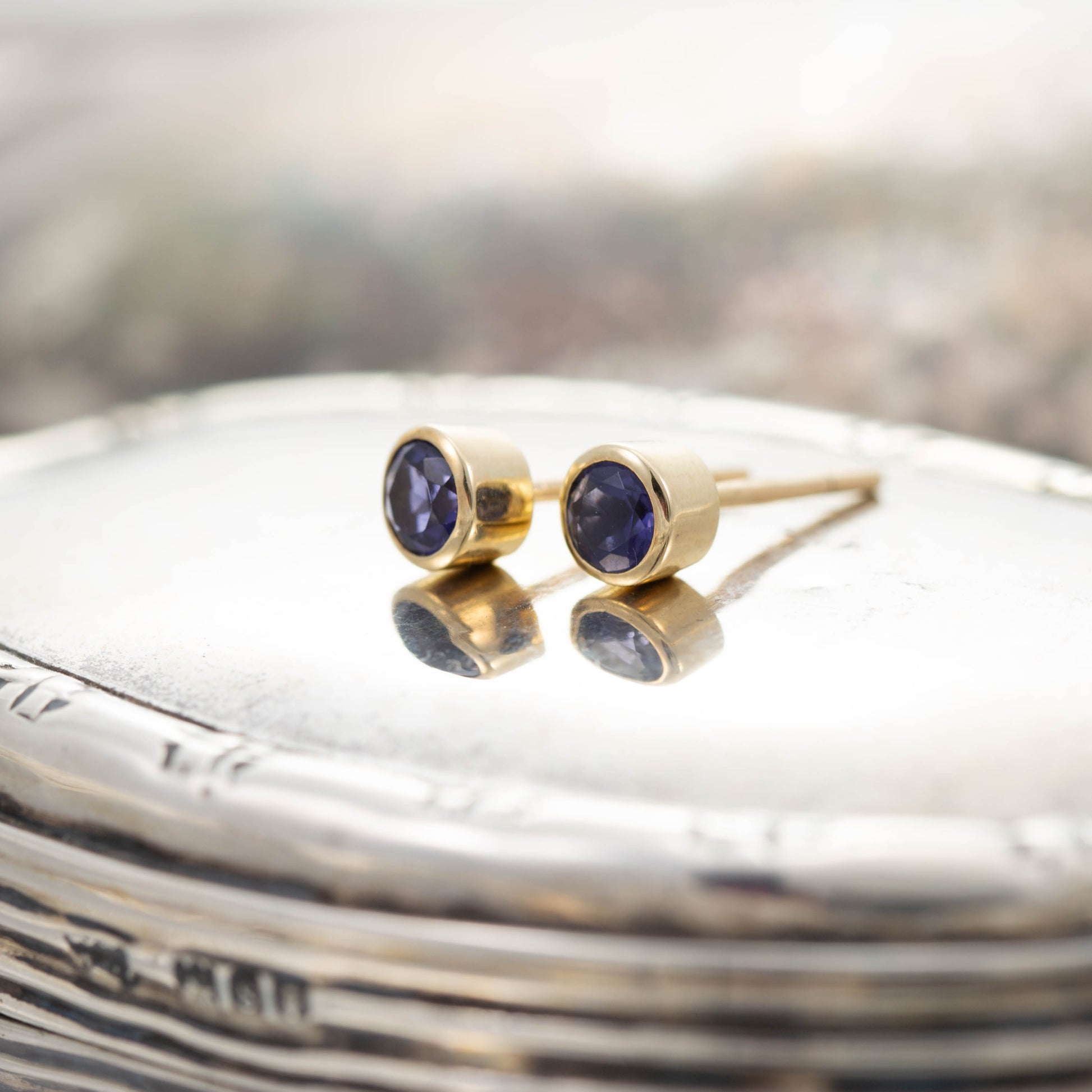 Yellow Gold Iolite Stud Earrings — view 3