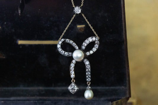 Antique Pearl and Diamond Bow Necklace