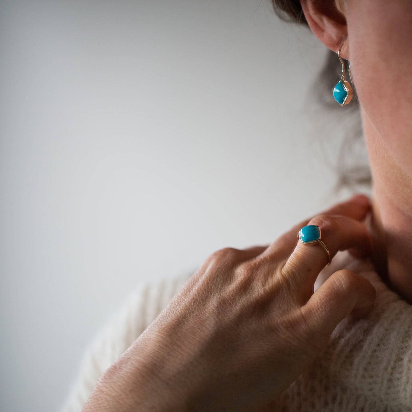 Yellow Gold Turquoise Shepherds Hook Earrings — view 4