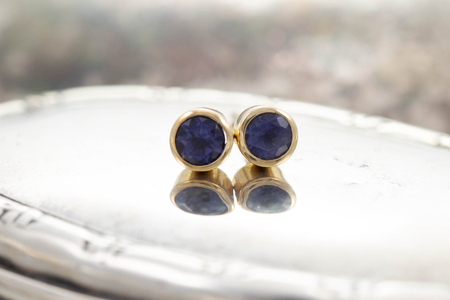 Yellow Gold Iolite Stud Earrings