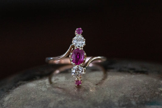Edwardian Ruby and Diamond Navette Ring