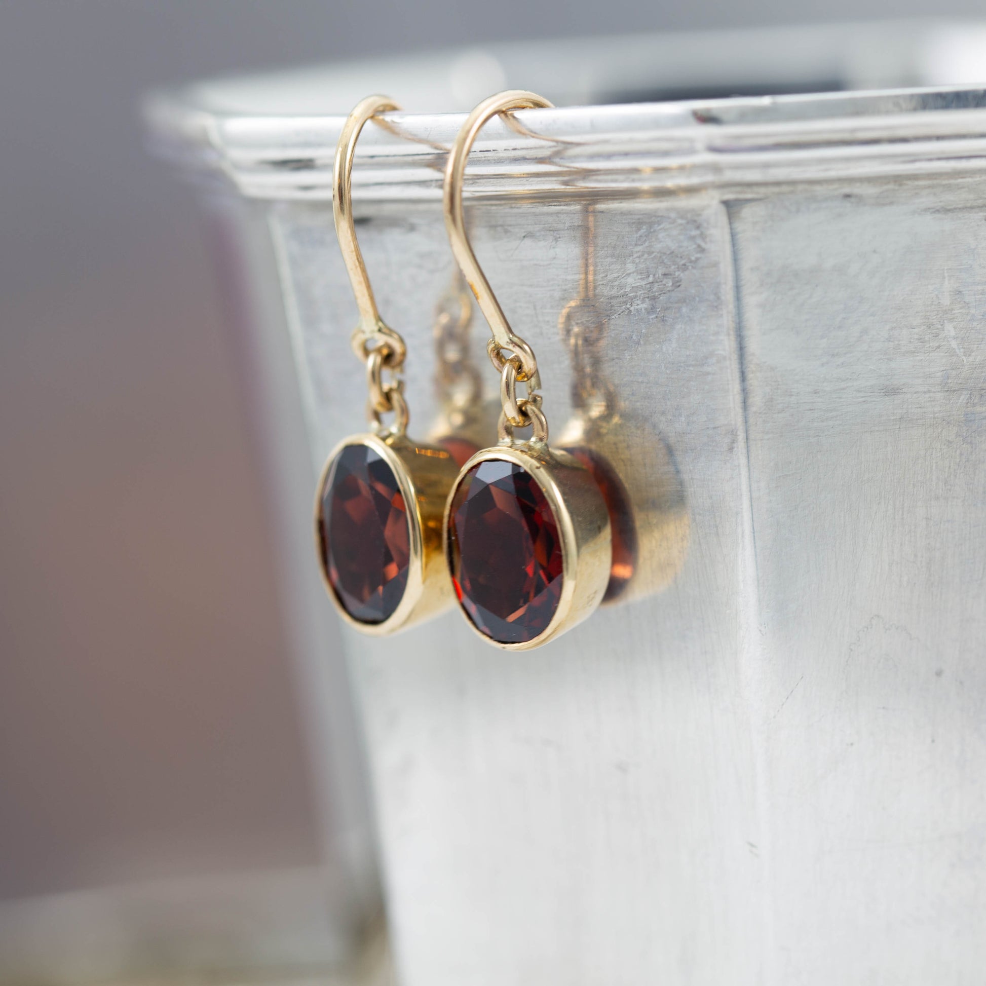 Yellow Gold Garnet Shepherds Hook Earrings — view 3