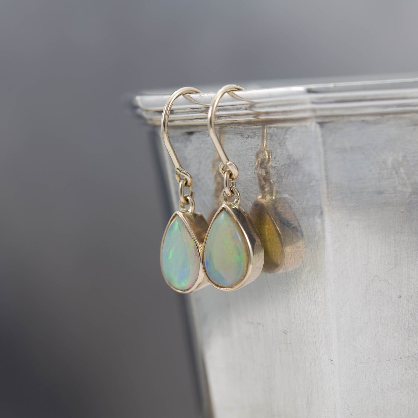 Yellow Gold Solid Opal Shepherds Hook Earrings — view 3