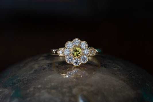 Yellow Sapphire and Diamond Daisy Cluster Ring