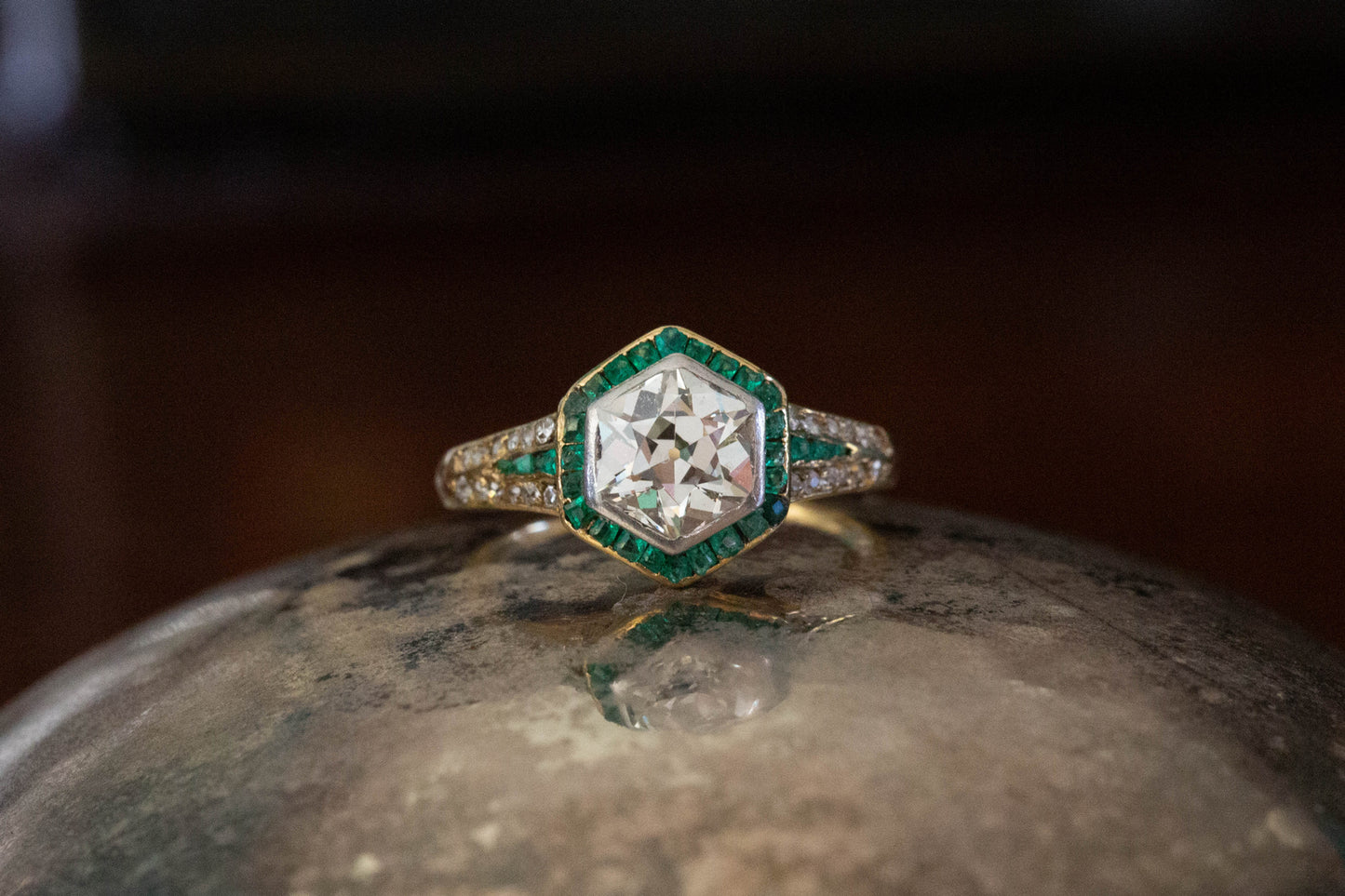 Art Deco Diamond Solitaire and Emerald Ring