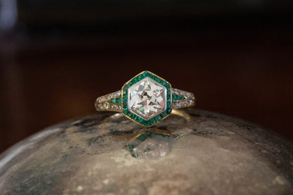 Art Deco Diamond Solitaire and Emerald Ring