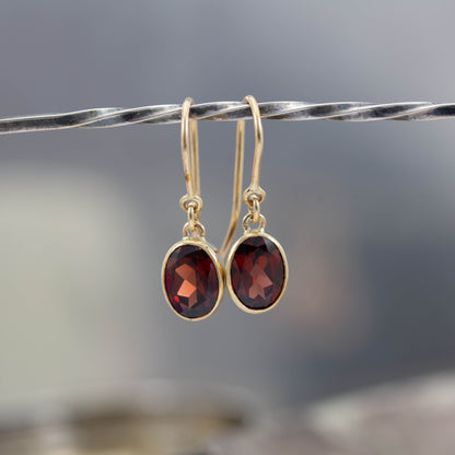 Yellow Gold Garnet Shepherds Hook Earrings — view 4