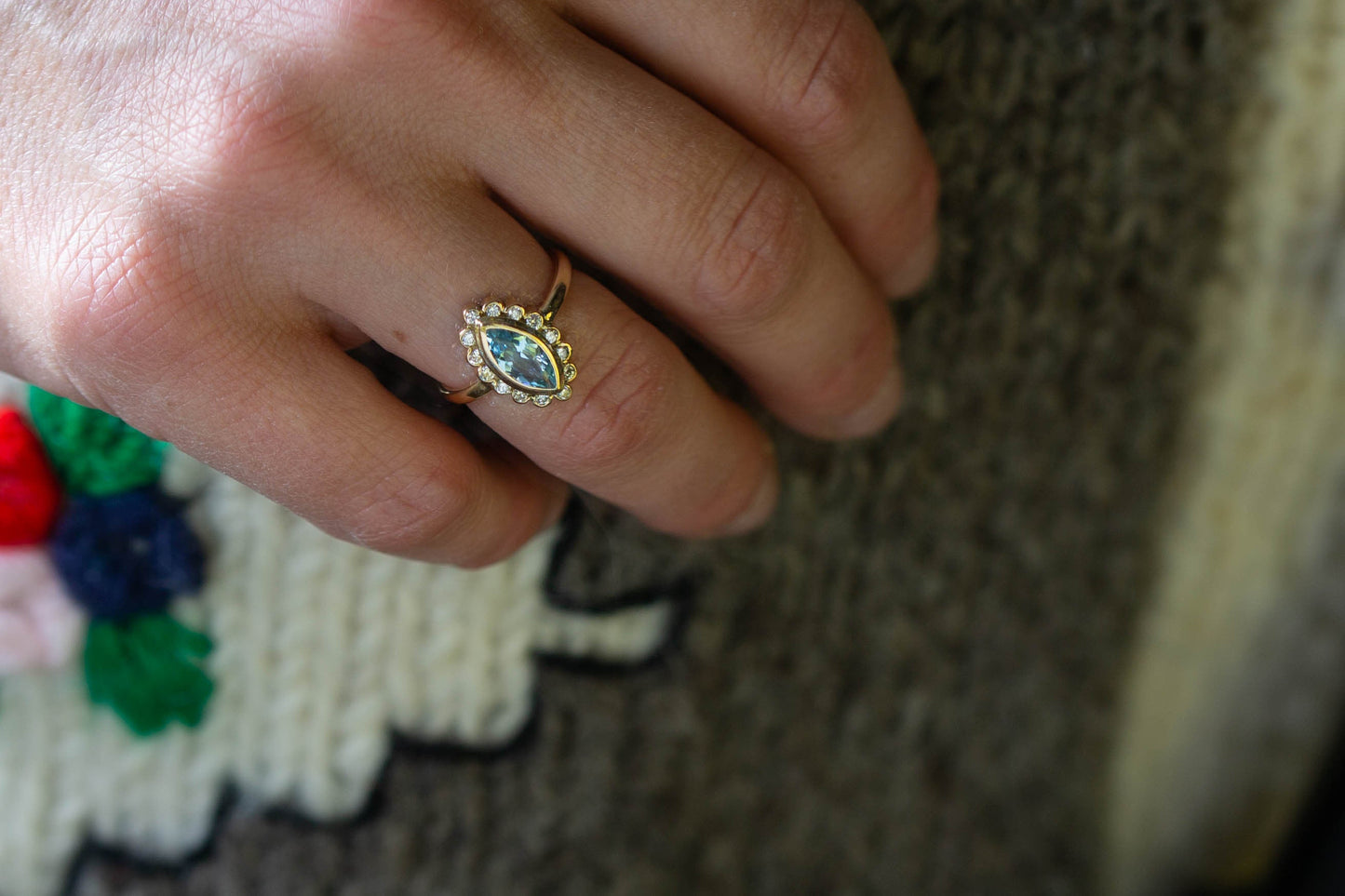 Marquise Aquamarine and Diamond Cluster Ring — view 2