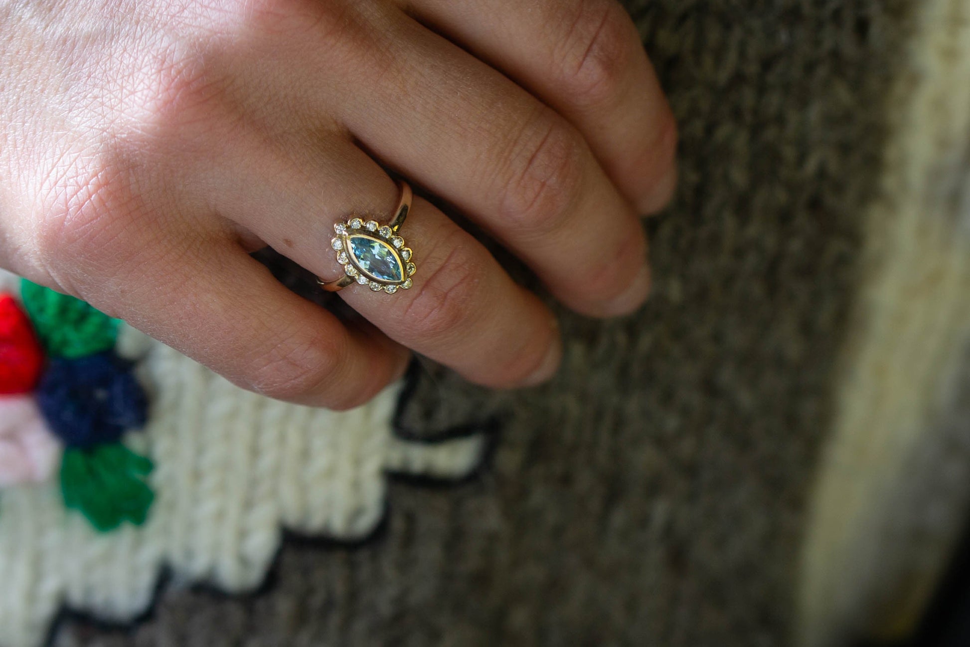 Marquise Aquamarine and Diamond Cluster Ring — view 2