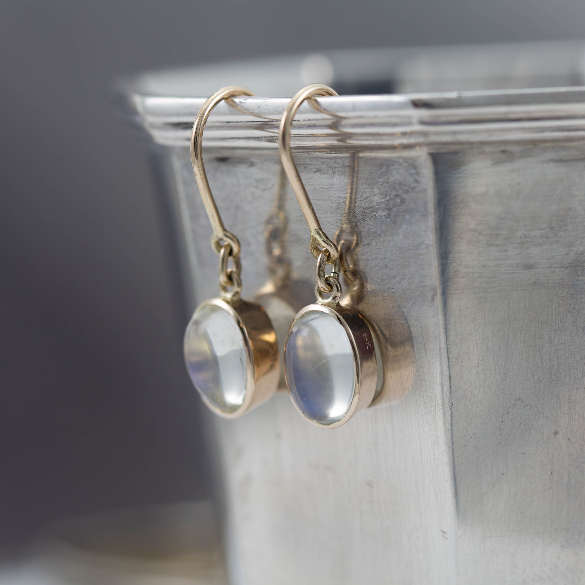 Yellow Gold Moonstone Shepherds Hook Earrings — view 3
