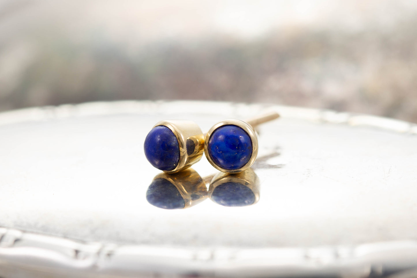 Yellow Gold Lapis Stud Earrings