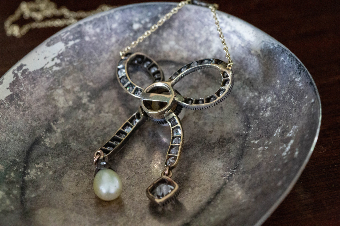 Antique Pearl and Diamond Bow Necklace — view 3