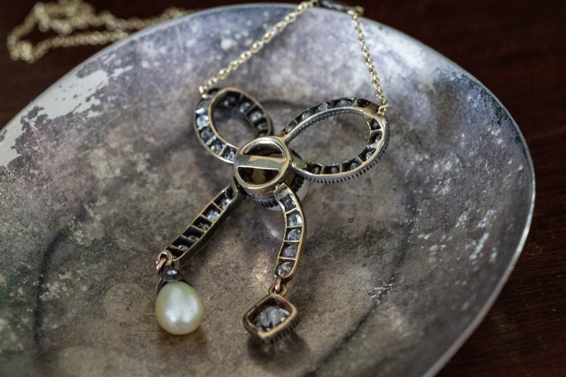 Antique Pearl and Diamond Bow Necklace — view 3