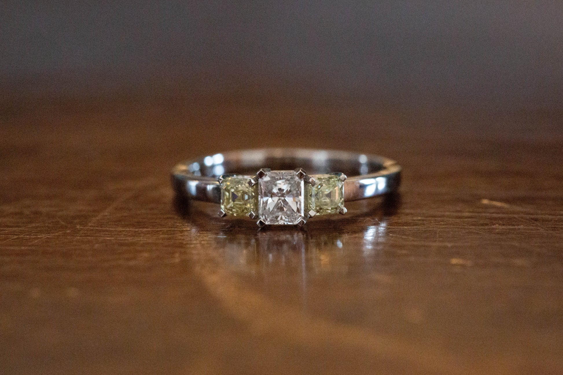 White and Yellow Diamond Three Stone Ring