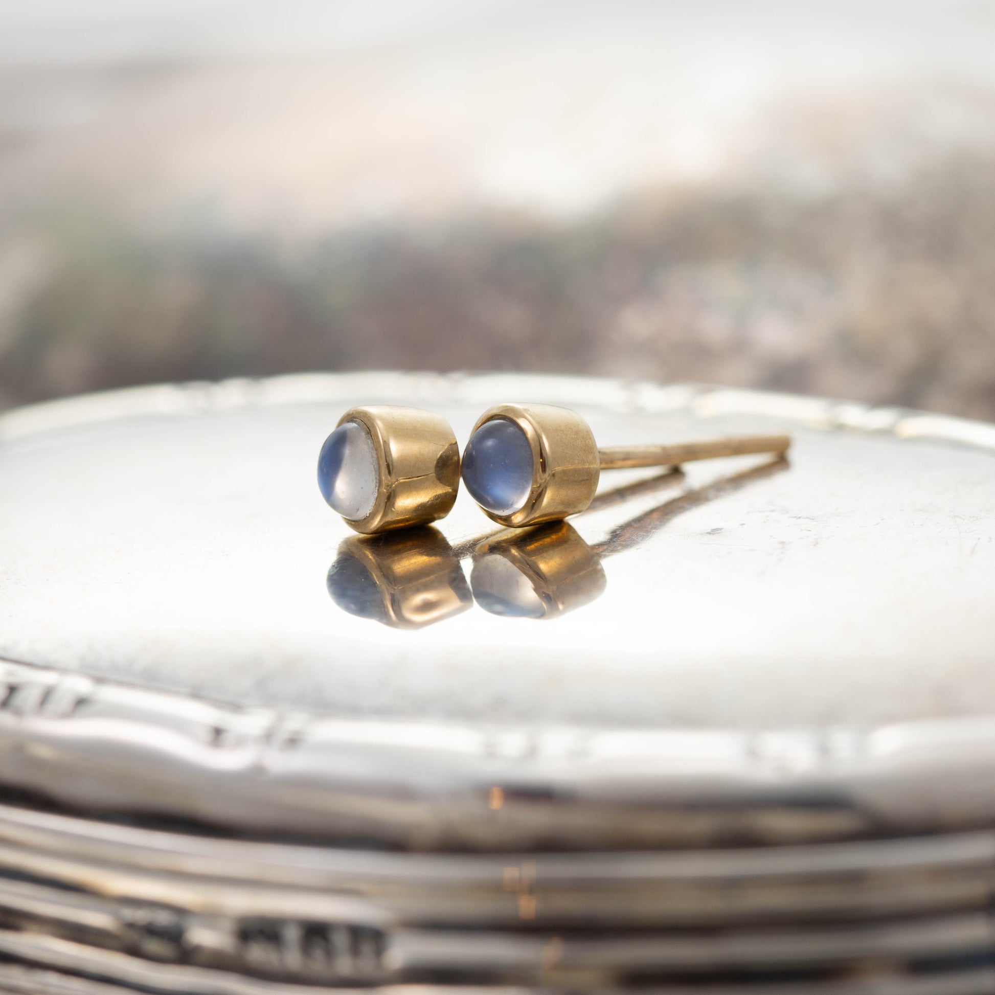 Yellow Gold Moonstone Stud Earrings — view 3