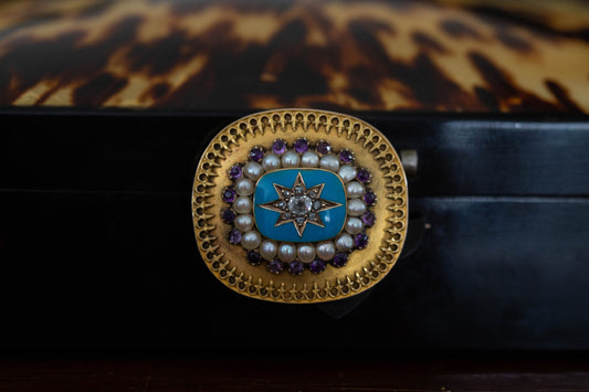 Edwardian Diamond, Pearl, Amethyst and Enamel Brooch