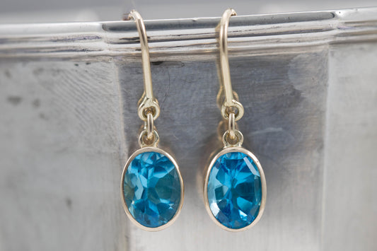 Yellow Gold Blue Topaz Shepherds Hook Earrings