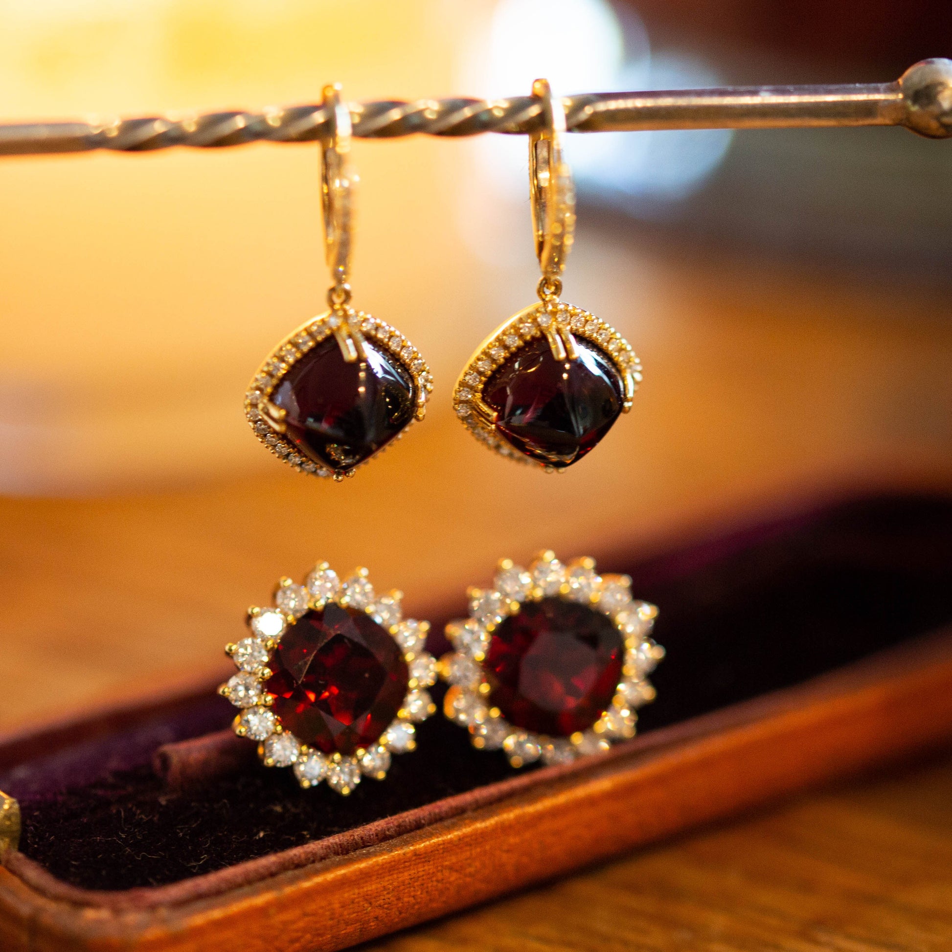 Garnet and Diamond Drop Earrings — view 2