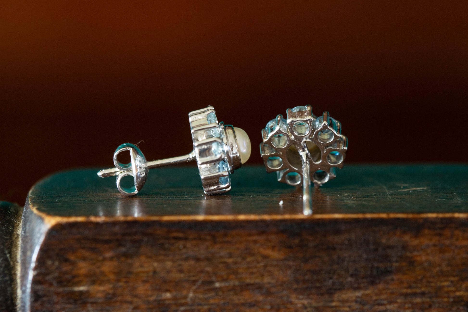 Pearl and Aquamarine and Cluster Stud Earrings — view 3