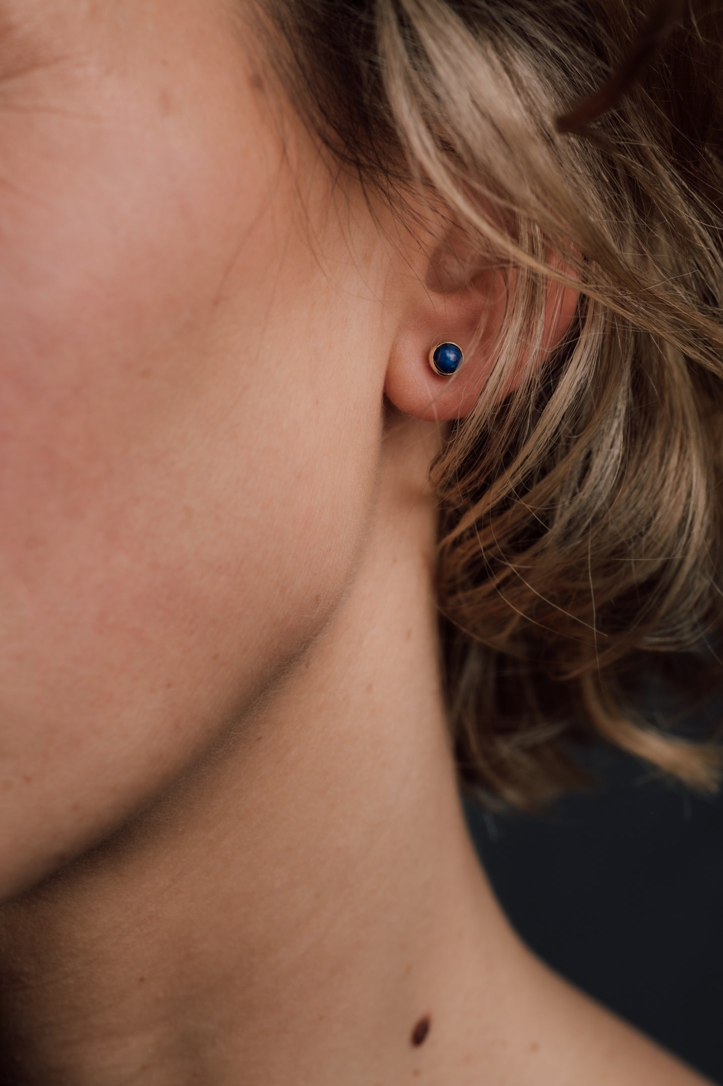 Yellow Gold Lapis Stud Earrings — view 2