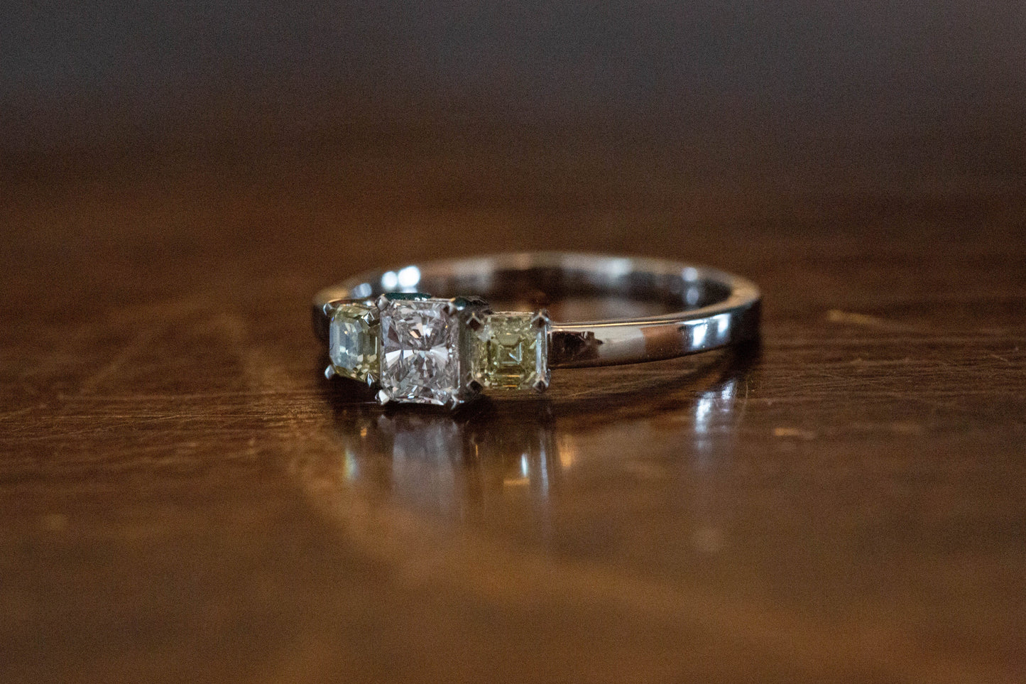 White and Yellow Diamond Three Stone Ring — view 2