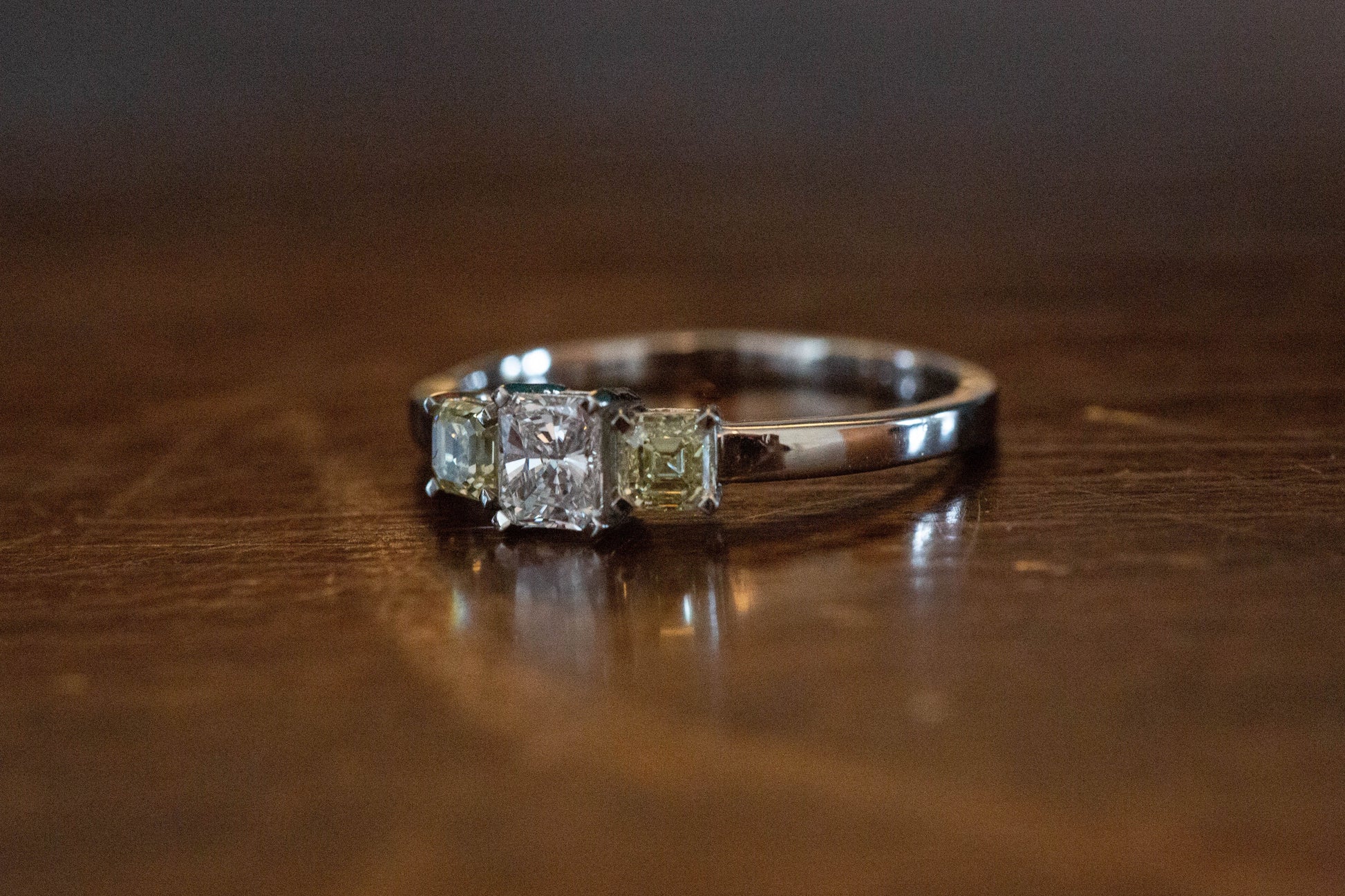 White and Yellow Diamond Three Stone Ring — view 2