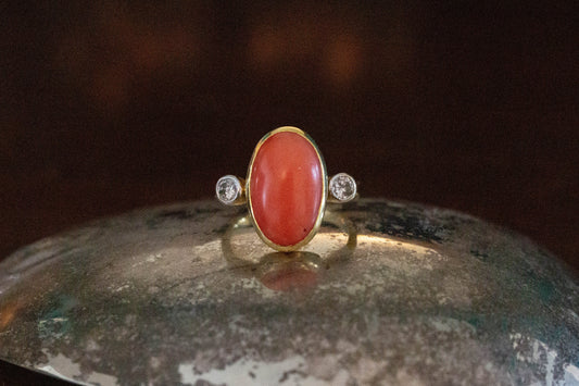 Coral and Diamond Three Stone Ring