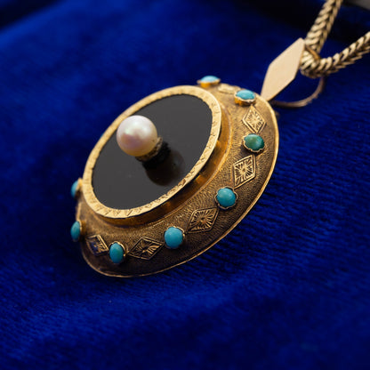 Victorian Turquoise, Onyx and Pearl Pendant — view 2