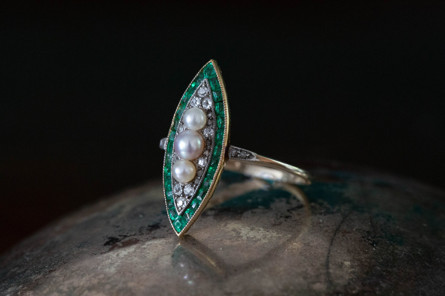 Art Deco Marquise Emerald, Diamond and Pearl Ring