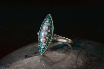 Art Deco Marquise Emerald, Diamond and Pearl Ring