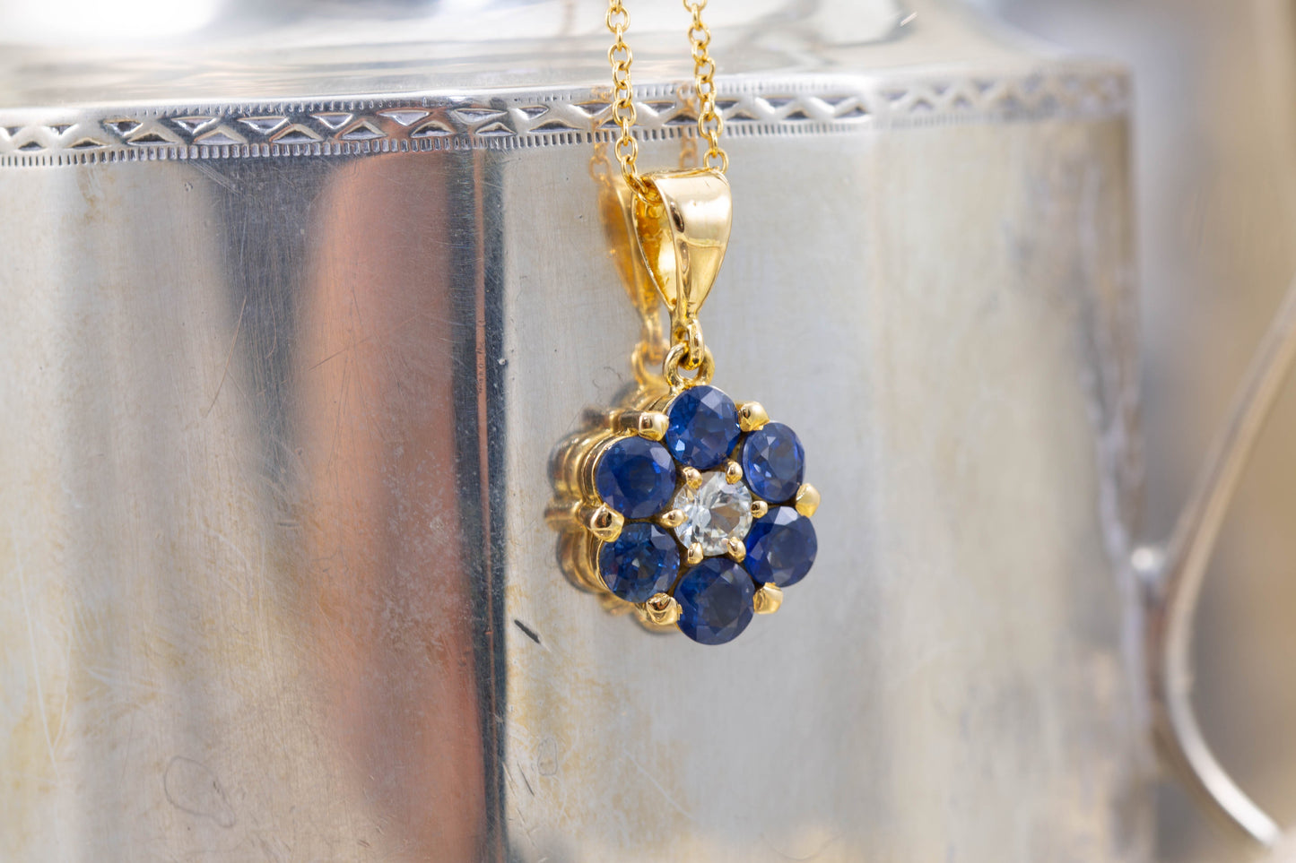 Sapphire and Diamond Daisy Cluster Pendant — view 2