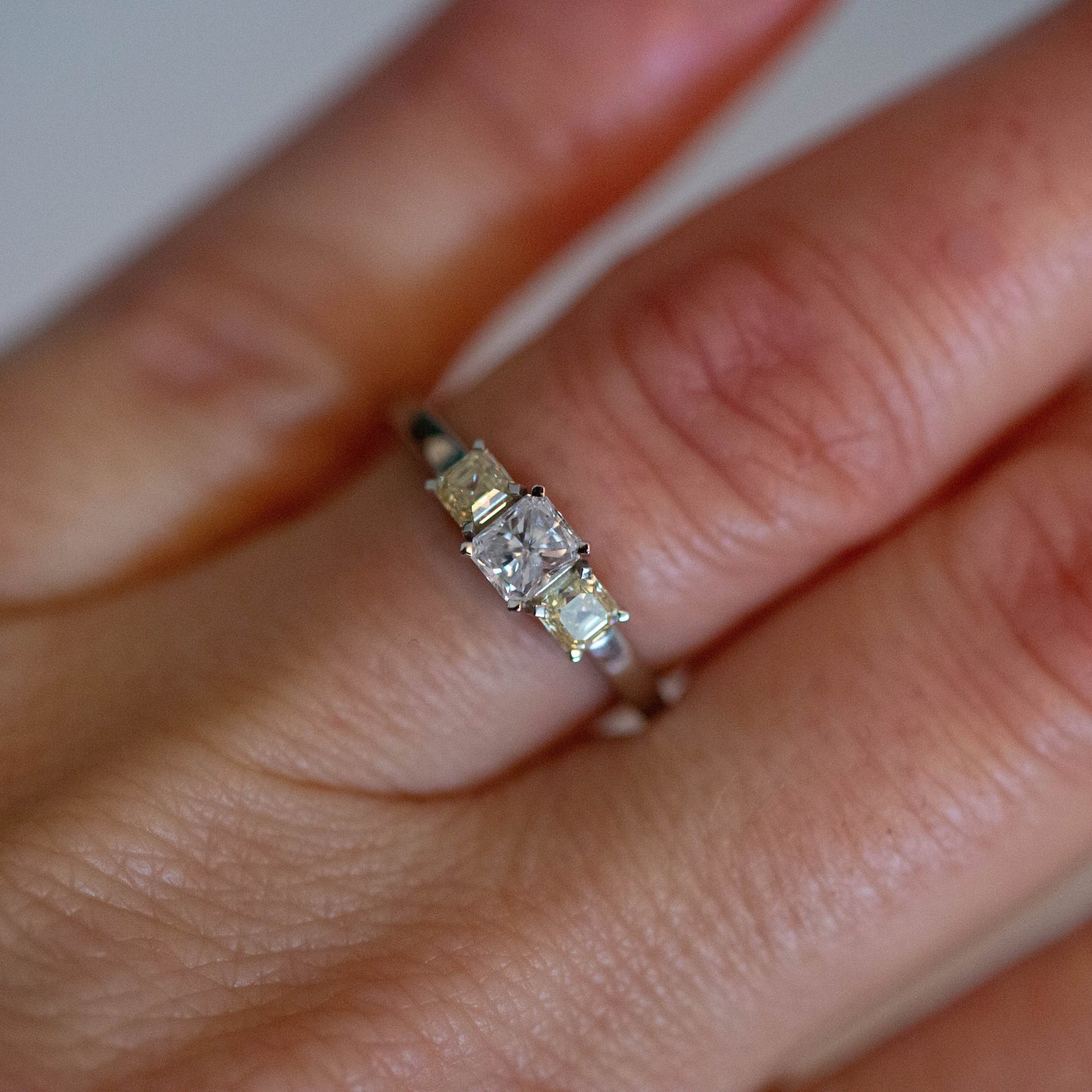 White and Yellow Diamond Three Stone Ring — view 5