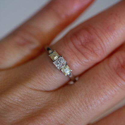 White and Yellow Diamond Three Stone Ring — view 5